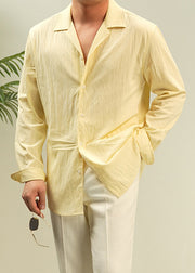 Casual Yellow Peter Pan Collar Button Solid Cotton Shirt Men Fall