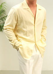 Casual Yellow Peter Pan Collar Button Solid Cotton Shirt Men Fall