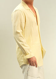 Casual Yellow Peter Pan Collar Button Solid Cotton Shirt Men Fall