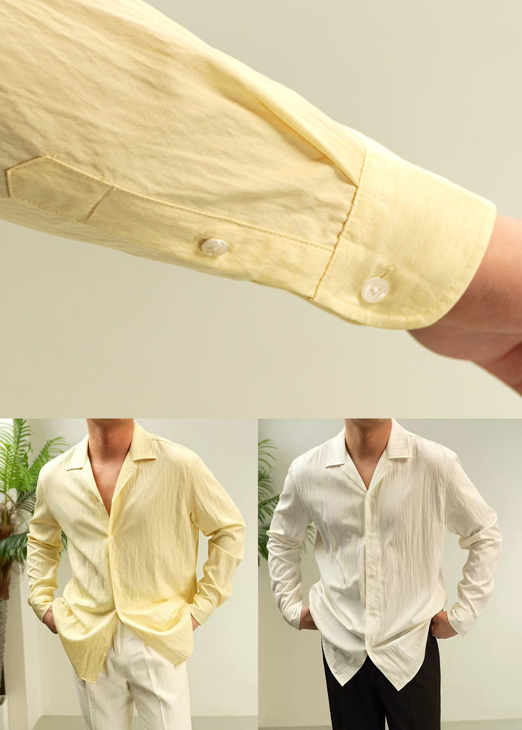 Casual Yellow Peter Pan Collar Button Solid Cotton Shirt Men Fall