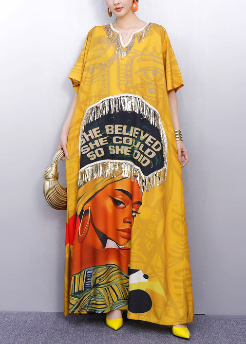 Casual Yellow Tasseled Print Cotton Maxi Dress Summer