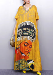 Casual Yellow Tasseled Print Cotton Maxi Dress Summer