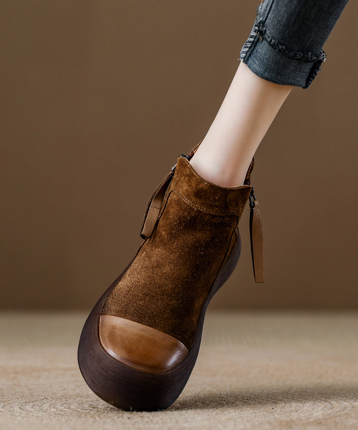 Casual Zippered Splicing Platform Boots Khaki Suede