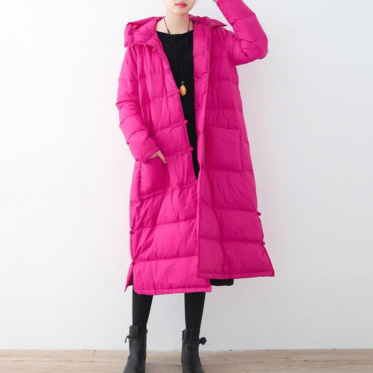 Casual Rose Red Parka Casual Down Coat Fine Hooded Outwear Chinese Button