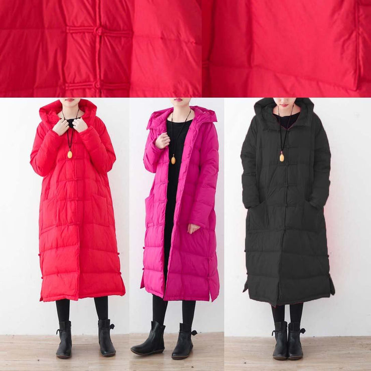 Casual Rose Red Parka Casual Down Coat Fine Hooded Outwear Chinese Button