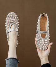Champagne Breathable Mesh Nail Bead Flats Splicing Cowhide Leather