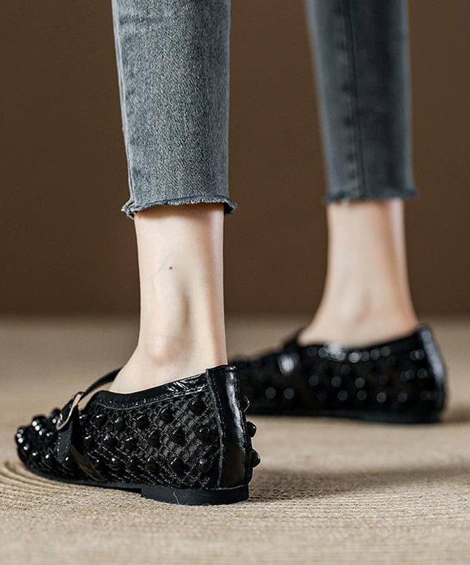 Champagne Breathable Mesh Nail Bead Flats Splicing Cowhide Leather