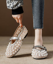 Champagne Breathable Mesh Nail Bead Flats Splicing Cowhide Leather