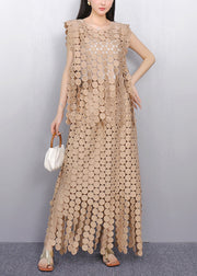 Champagne Hollow Out Lace Top And Maxi Skirts Two Pieces Set Summer