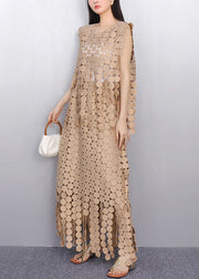 Champagne Hollow Out Lace Top And Maxi Skirts Two Pieces Set Summer