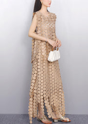 Champagne Hollow Out Lace Top And Maxi Skirts Two Pieces Set Summer
