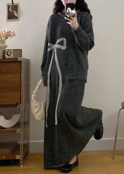 Charcoal Grey Knit Two Piece Set Women Clothing Oversized Bow Print Winter