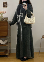 Charcoal Grey Knit Two Piece Set Women Clothing Oversized Bow Print Winter