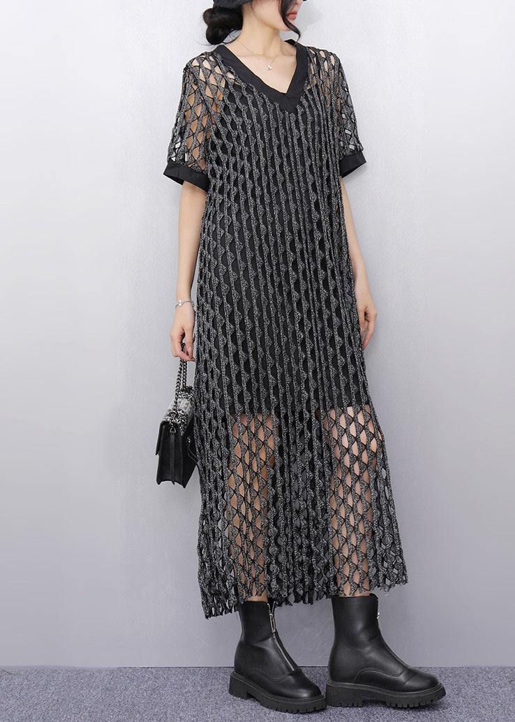 Charcoal Grey Silm Tulle Long Smock Hollow Out Summer