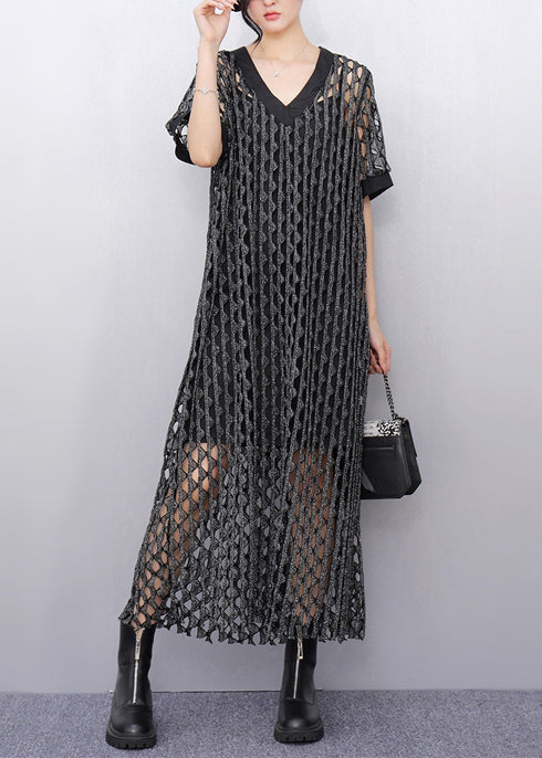 Charcoal Grey Silm Tulle Long Smock Hollow Out Summer