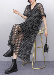 Charcoal Grey Silm Tulle Long Smock Hollow Out Summer