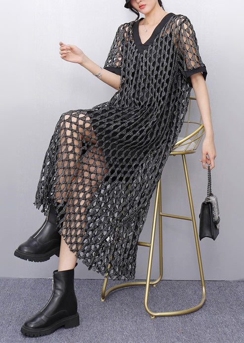 Charcoal Grey Silm Tulle Long Smock Hollow Out Summer