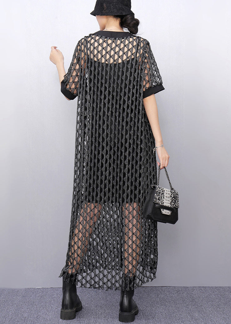 Charcoal Grey Silm Tulle Long Smock Hollow Out Summer