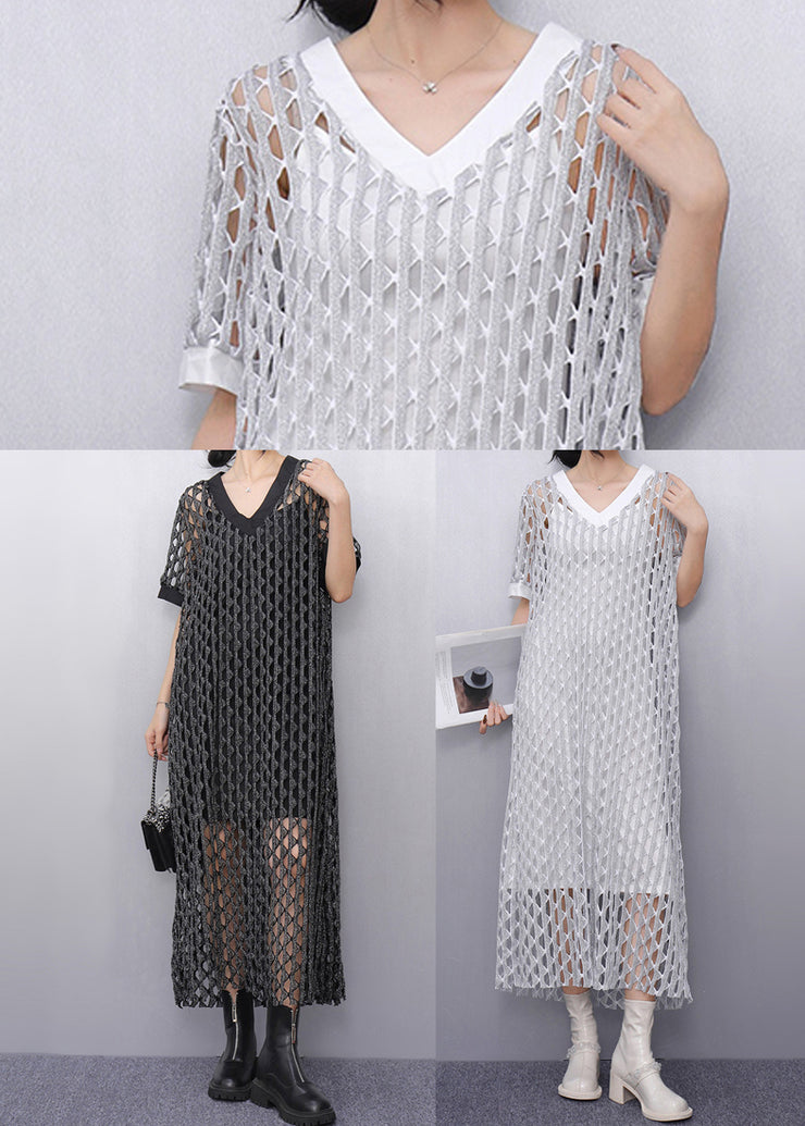 Charcoal Grey Silm Tulle Long Smock Hollow Out Summer