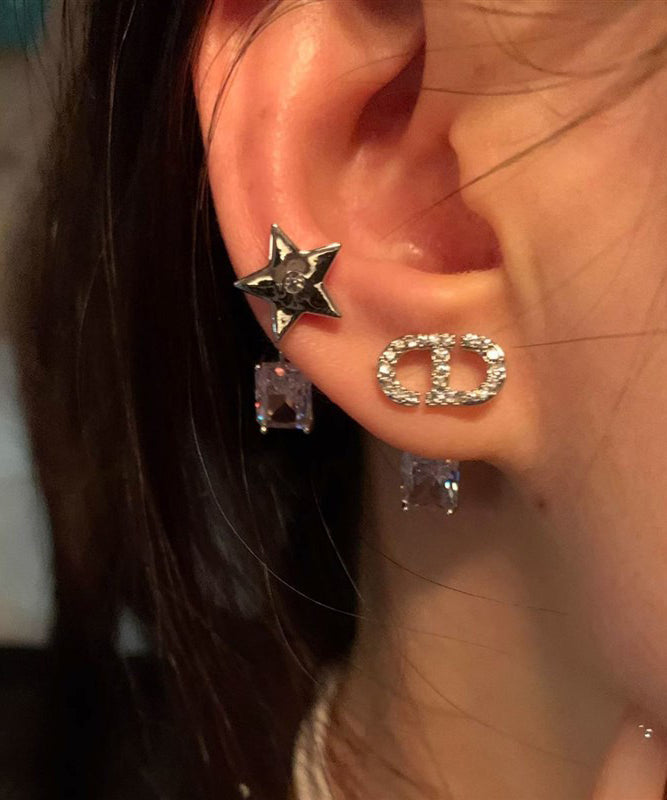 Chic Alloy Zircon Asymmetrical Graphic Gem Stone Star Stud Earrings
