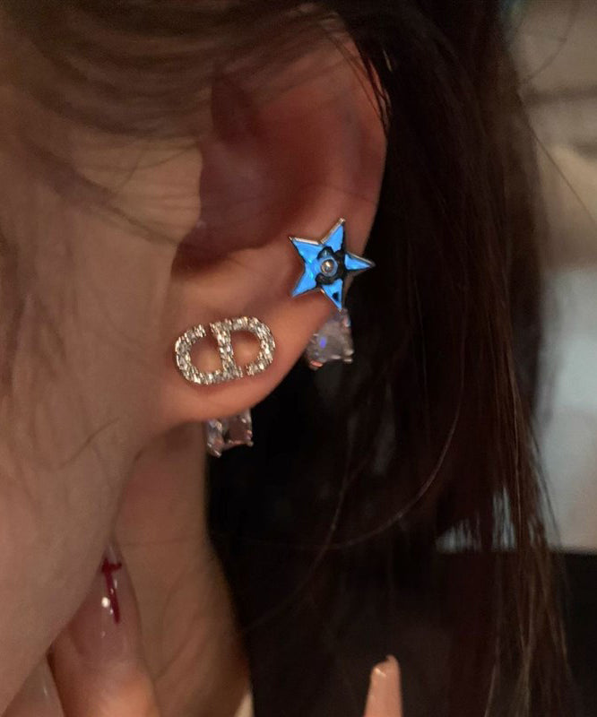 Chic Alloy Zircon Asymmetrical Graphic Gem Stone Star Stud Earrings