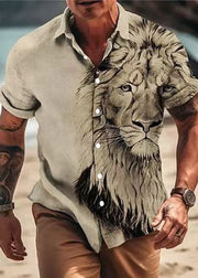 Chic Apricot Animal Print Button Cotton Men Shirts Summer