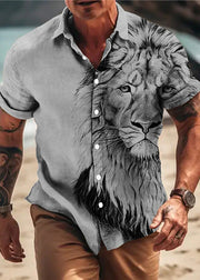 Chic Apricot Animal Print Button Cotton Men Shirts Summer