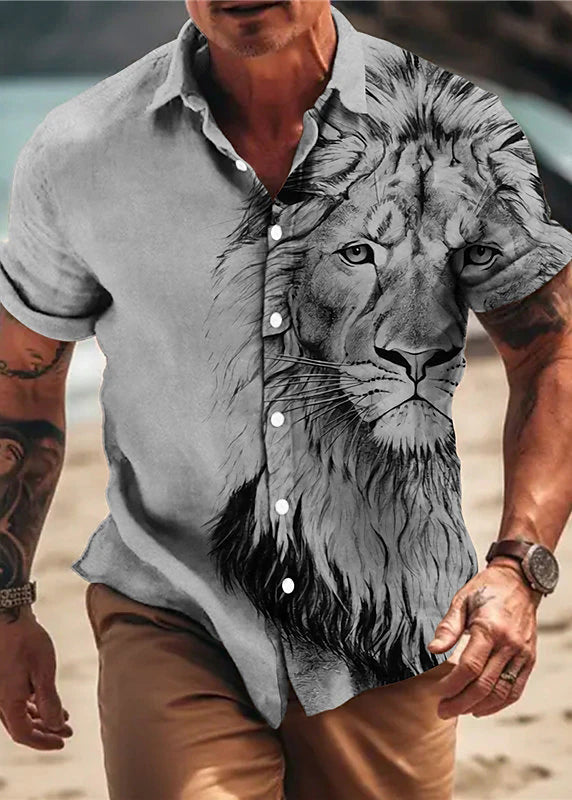 Chic Apricot Animal Print Button Cotton Men Shirts Summer