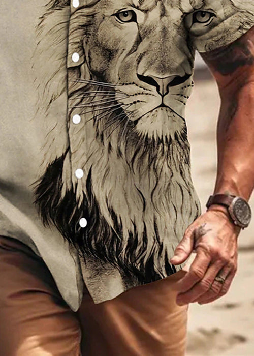 Chic Apricot Animal Print Button Cotton Men Shirts Summer