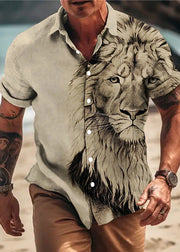 Chic Apricot Animal Print Button Cotton Men Shirts Summer