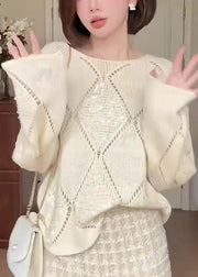 Chic Apricot O Neck Hollow Out Sequins Knit Sweater Fall