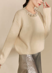 Chic Apricot O Neck Nail Bead Woolen Sweater Tops Spring