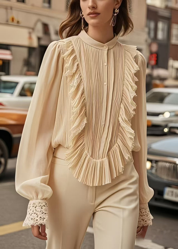 Chic Apricot Patchwork Wrinkled Chiffon Formal Shirt Spring