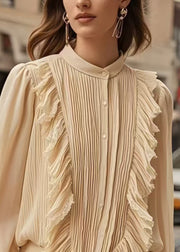 Chic Apricot Patchwork Wrinkled Chiffon Formal Shirt Spring