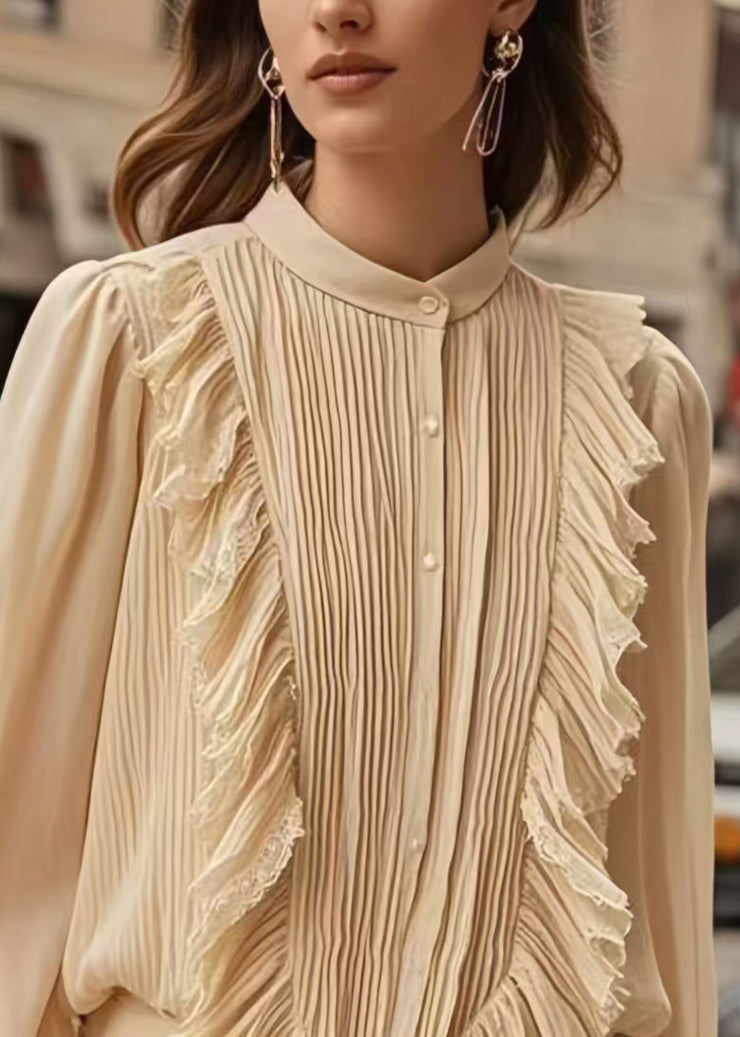 Chic Apricot Patchwork Wrinkled Chiffon Formal Shirt Spring