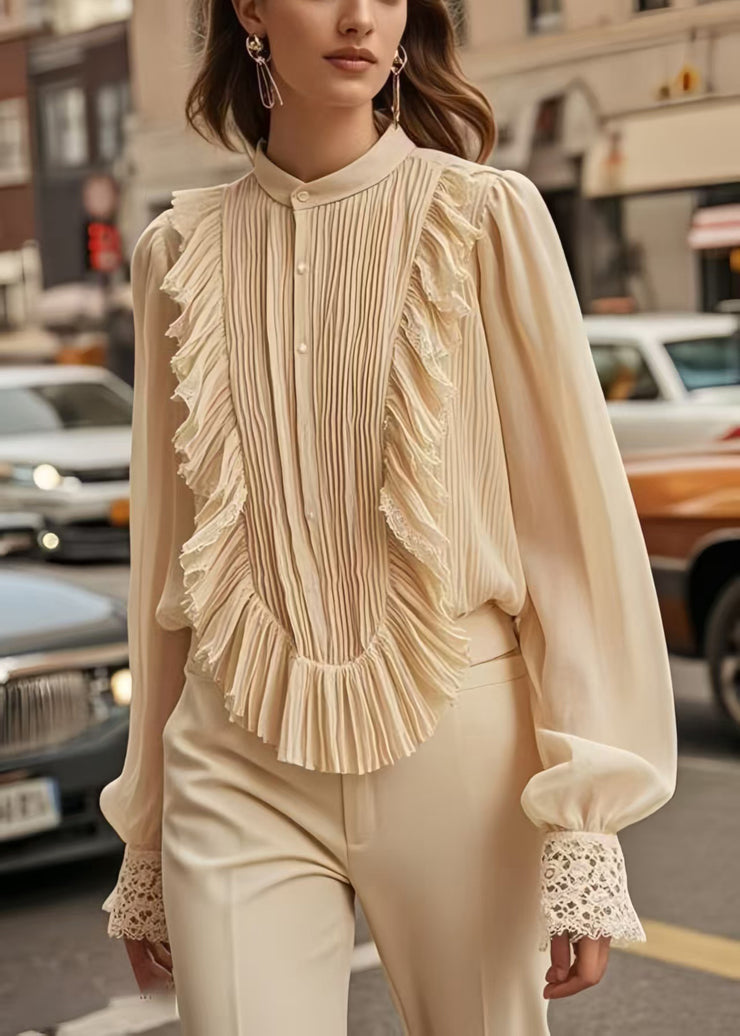 Chic Apricot Patchwork Wrinkled Chiffon Formal Shirt Spring
