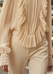 Chic Apricot Patchwork Wrinkled Chiffon Formal Shirt Spring