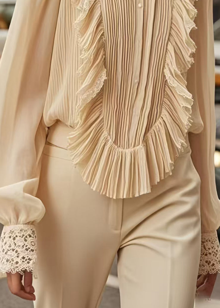 Chic Apricot Patchwork Wrinkled Chiffon Formal Shirt Spring
