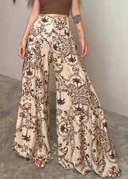 Chic Apricot Print Pockets Cotton Wide Leg Pants Summer