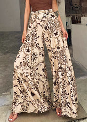Chic Apricot Print Pockets Cotton Wide Leg Pants Summer