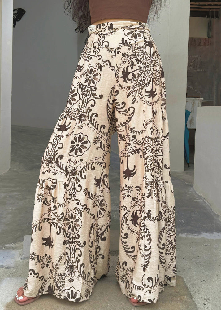 Chic Apricot Print Pockets Cotton Wide Leg Pants Summer