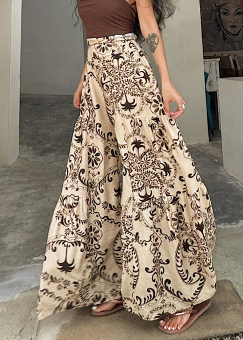 Chic Apricot Print Pockets Cotton Wide Leg Pants Summer