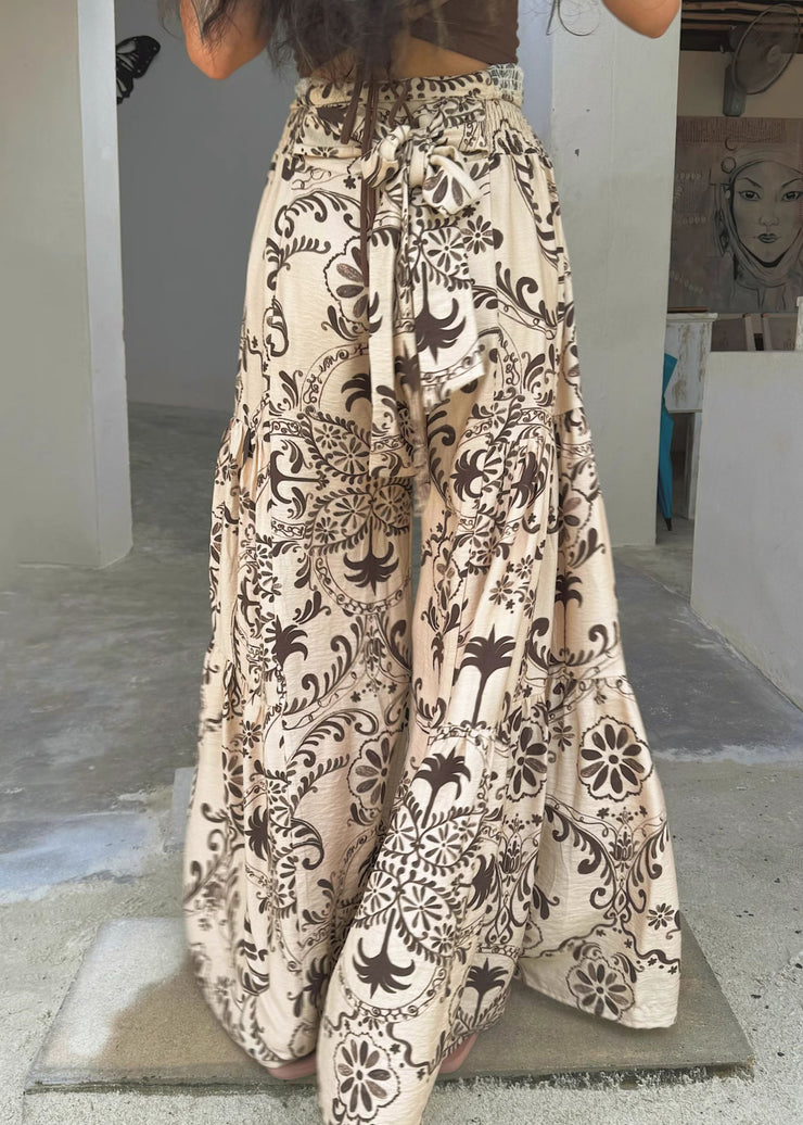 Chic Apricot Print Pockets Cotton Wide Leg Pants Summer