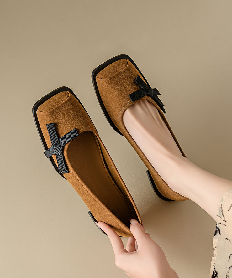 Chic Apricot Suede Flat Shoes Splicing Bow