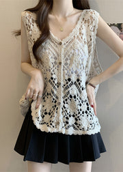 Chic Apricot V Neck Hollow Out Knit Vest Sleeveless