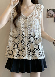 Chic Apricot V Neck Hollow Out Knit Vest Sleeveless