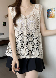 Chic Apricot V Neck Hollow Out Knit Vest Sleeveless