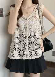 Chic Apricot V Neck Hollow Out Knit Vest Sleeveless