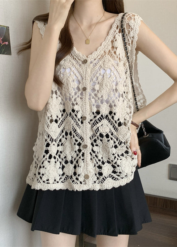 Chic Apricot V Neck Hollow Out Knit Vest Sleeveless