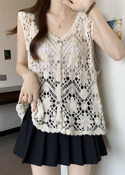 Chic Apricot V Neck Hollow Out Knit Vest Sleeveless